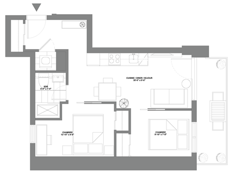 Floor plan for 2 beds, 1 bath, 585 sqft